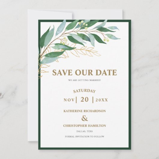 Elegant Foliage Bos Groene Foto Bruiloft Save The Date (Voorkant)