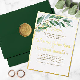 Elegant Foliage Botanical Gold Leaf Green Wedding Folie Uitnodiging