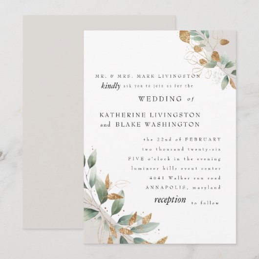 Elegant Foliage Cream Bride Parents Wedding Matte Kaart (Voorkant / Achterkant)