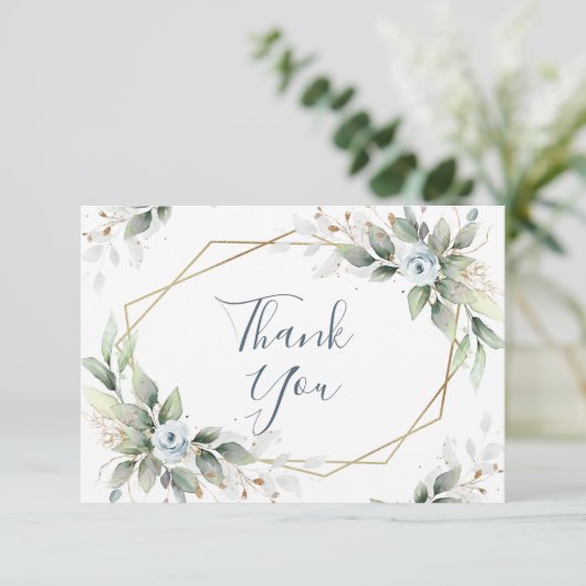 Elegant Foliage Dusty Blue Flowers Bedankkaart (Staand voorkant)