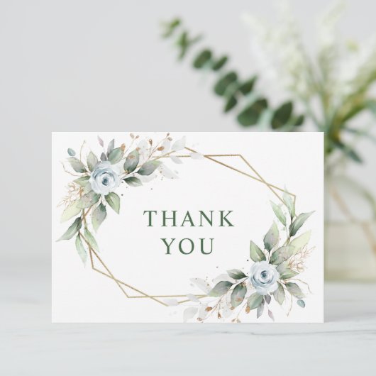 Elegant Foliage Dusty Blue Flowers Bedankkaart (Staand voorkant)