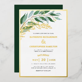 Elegant Foliage Forest Groen Goud Blad Bruiloft Folie Uitnodiging