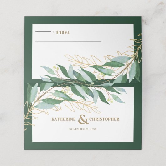 Elegant Foliage Forest Groen Goud Bruiloft Plaatskaartje (Buitenkant ongevouwen)