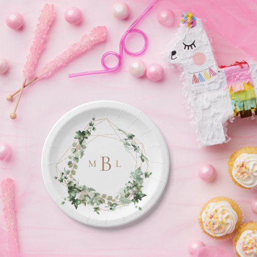 Elegant Foliage Gold Geometric Monogram Weddenscha Papieren Bordje (Feest)