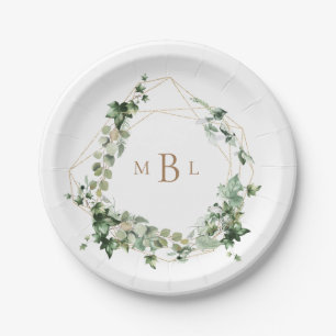 Elegant Foliage Gold Geometric Monogram Weddenscha Papieren Bordje