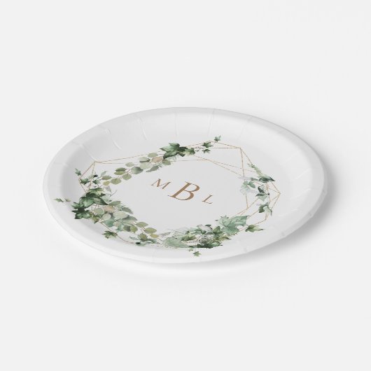 Elegant Foliage Gold Geometric Monogram Weddenscha Papieren Bordje (Gekanteld)