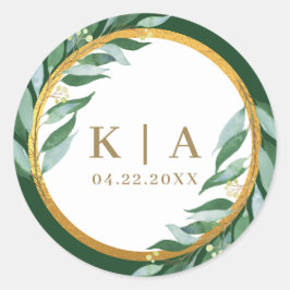 Elegant Foliage Gold Leaf Green Monogram Weddensch Ronde Sticker