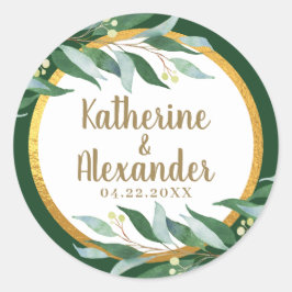 Elegant Foliage Gold Leaf Green Wedding Monogram Ronde Sticker