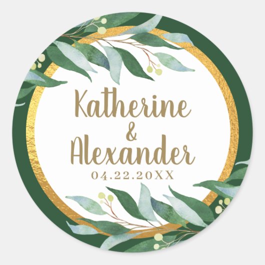 Elegant Foliage Gold Leaf Green Wedding Monogram Ronde Sticker (Voorkant)