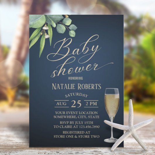 Elegant Foliage Gold Typography Navy Baby shower Kaart