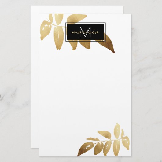 Elegant Foliage Gold White Monogram Briefpapier (Voorkant / Achterkant)