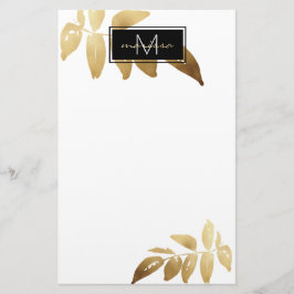Elegant Foliage Gold White Monogram Briefpapier