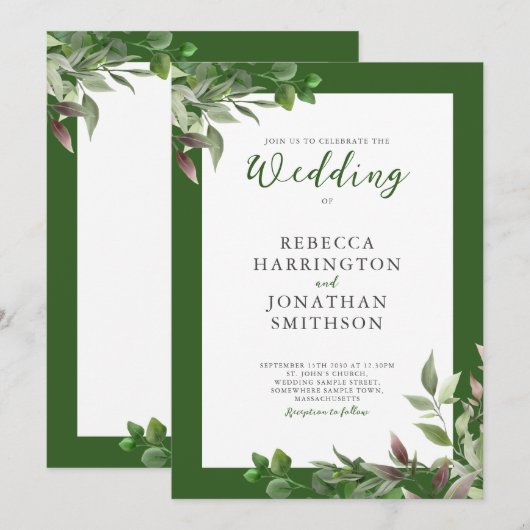 Elegant Foliage Green Leaf Wedding Invitation (Voorkant / Achterkant)