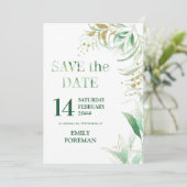 Elegant Foliage Groen Goud Waterverf en Glitter Save The Date (Staand voorkant)