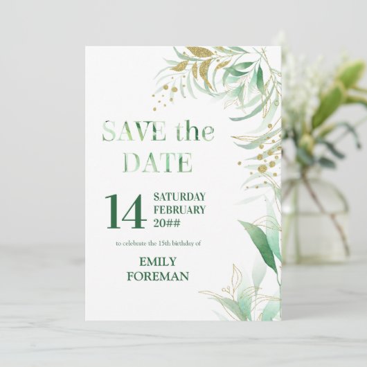 Elegant Foliage Groen Goud Waterverf en Glitter Save The Date (Staand voorkant)