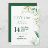 Elegant Foliage Groen Goud Waterverf en Glitter Save The Date (Voorkant / Achterkant)