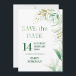 Elegant Foliage Groen Goud Waterverf en Glitter Save The Date<br><div class="desc">Elegant Bewaar de Datumkaart geschikt voor elke gelegenheid. De sjabloon is opgezet voor u om te personaliseren met uw speciale datum, uw gelegenheid en jouw naam(s). Dit verfijnde gebladerte ontwerp is voorzien van waterverf groen, gouden bladeren en gouden glitter spatten. Save the Date is voorzien van een bladprint terwijl de...</div>