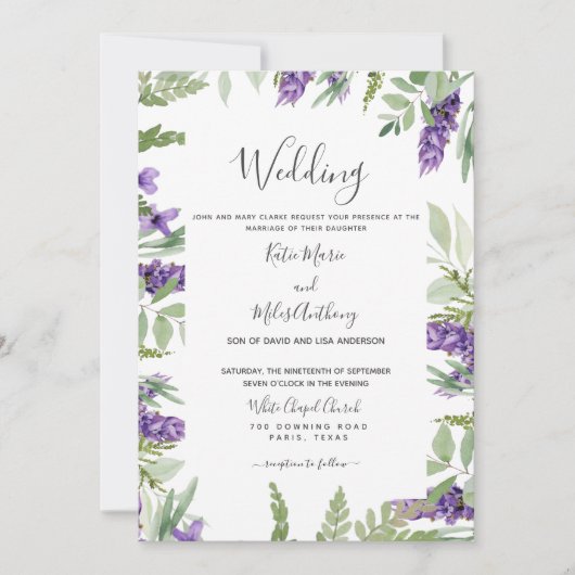 Elegant Foliage & Lavender Wedding Kaart (Voorkant)