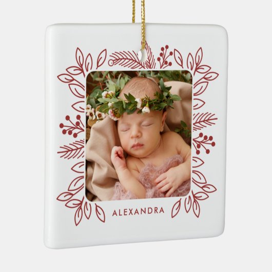 Elegant Foliage Lijst Eerste Kerstdag Rood Foto Keramisch Ornament (Rechts)