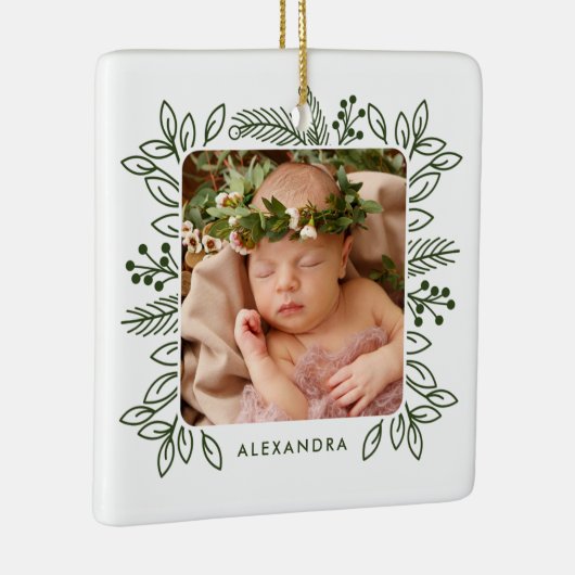 Elegant Foliage Lijst Eerste Kerstmis Roos Foto Keramisch Ornament (Rechts)