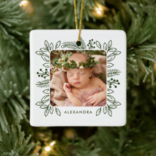 Elegant Foliage Lijst Eerste Kerstmis Roos Foto Keramisch Ornament
