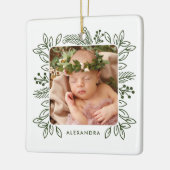 Elegant Foliage Lijst Eerste Kerstmis Roos Foto Keramisch Ornament (Links)