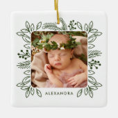 Elegant Foliage Lijst Eerste Kerstmis Roos Foto Keramisch Ornament (Voorkant)