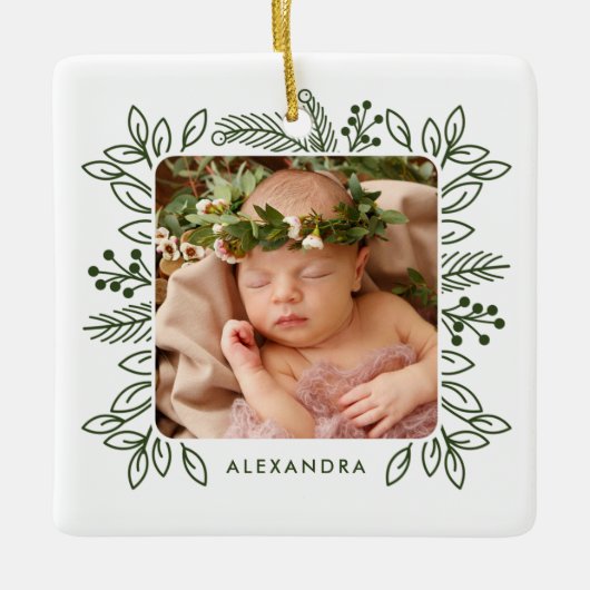 Elegant Foliage Lijst Eerste Kerstmis Roos Foto Keramisch Ornament (Voorkant)