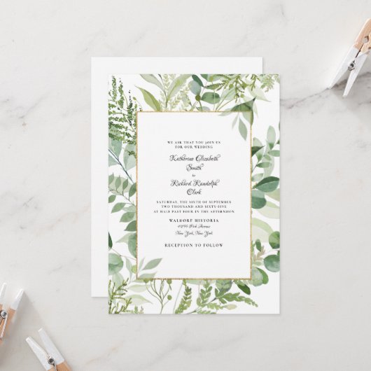 Elegant Foliage No Parents Wedding Invitation Kaart (Voorkant / Achterkant in situ)