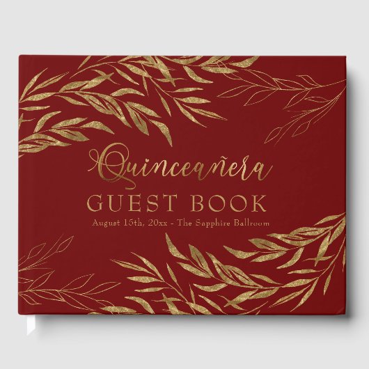 Elegant Foliage Red en Gold Quinceanera Gastenboek (Voorkant)