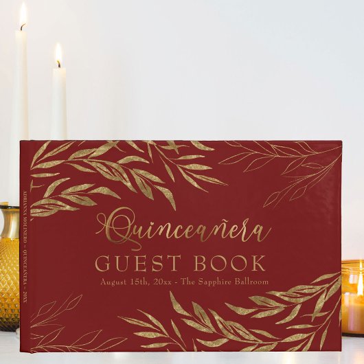 Elegant Foliage Red en Gold Quinceanera Gastenboek