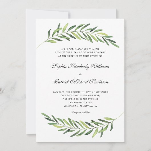 Elegant foliage + traditionele formulering bruilof kaart (Voorkant)