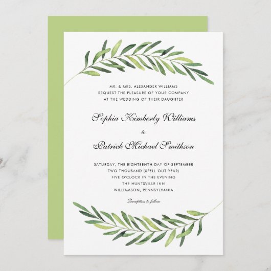 Elegant foliage + traditionele formulering bruilof kaart (Voorkant / Achterkant)