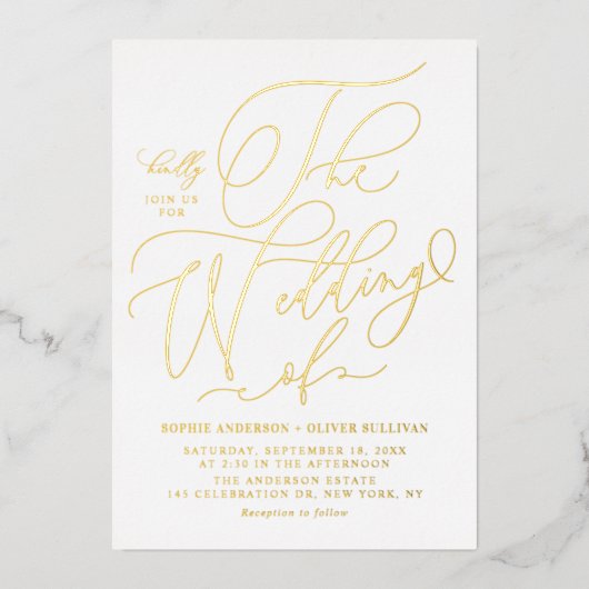 Elegant Folie geperste Whimsical Calligraphy Weddi Folie Uitnodiging (Voorkant)