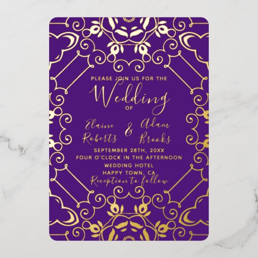 Elegant Folie Gold en Paars huwelijk Folie Uitnodiging (Voorkant)