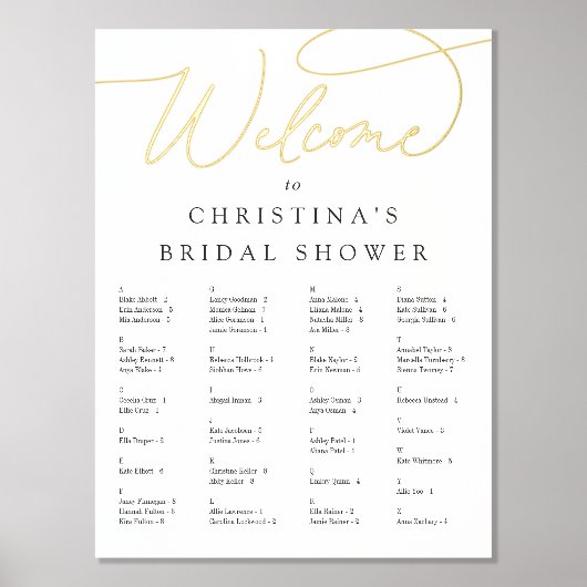 Elegant Folie Script Alfabetical Seating Chart Folie Afdrukken (Voorkant)