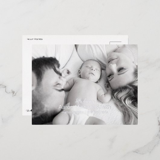 Elegant Folie Script Black & White Birth Briefkaar Folie Uitnodiging Briefkaart (Voorkant / Achterkant)