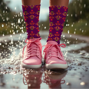 Elegant Folk Art Floral Rustic &  Bourgogne Sokken