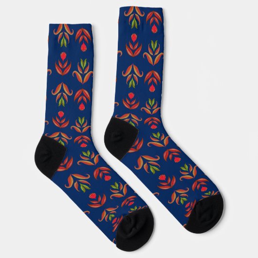 Elegant Folk Art Floral Rustic &  Navy Blue Sokken (Rechts)
