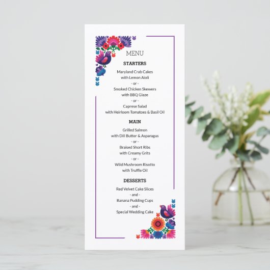 Elegant Folk Birds and Flowers Wedding Pattern Menu (Staand voorkant)