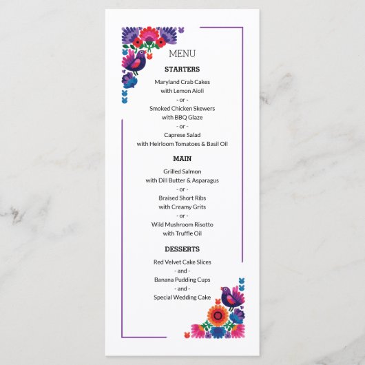 Elegant Folk Birds and Flowers Wedding Pattern Menu (Voorkant)