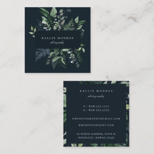 Elegant Forest Foliage Lijst Donkerblauw Vierkante Visitekaartje (Voorkant / Achterkant)
