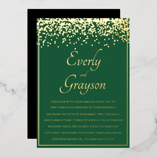 Elegant Forest Green and Gold Confetti Wedding Folie Uitnodiging (Voorkant / Achterkant)