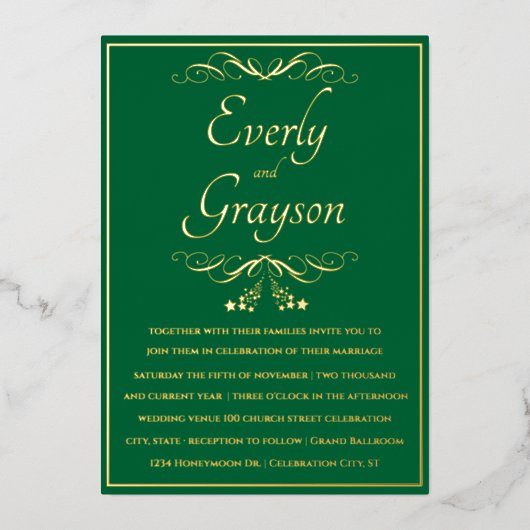 Elegant Forest Green and Gold Wedding Folie Uitnodiging (Voorkant)