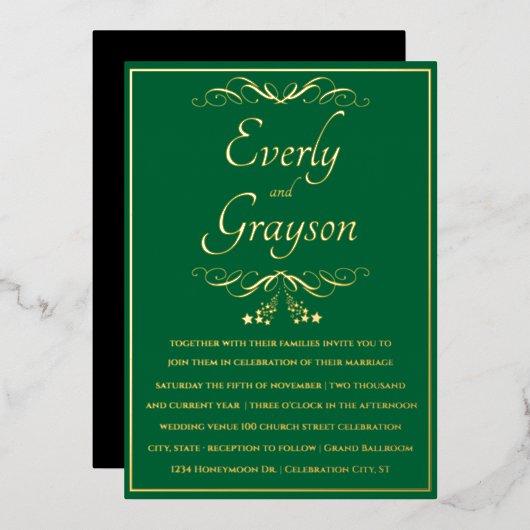 Elegant Forest Green and Gold Wedding Folie Uitnodiging (Voorkant / Achterkant)