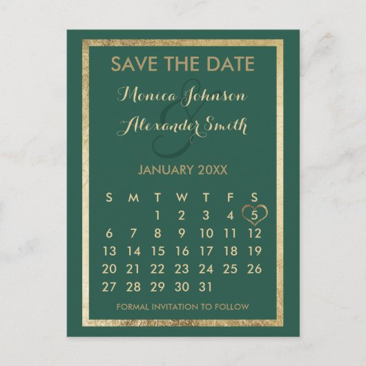 Elegant forest green Gold Calendar Save the Date Aankondigingskaart (Voorkant)