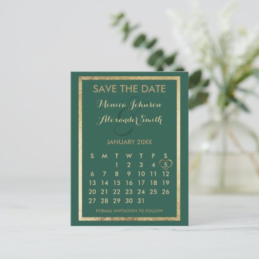 Elegant forest green Gold Calendar Save the Date Aankondigingskaart (Staand voorkant)
