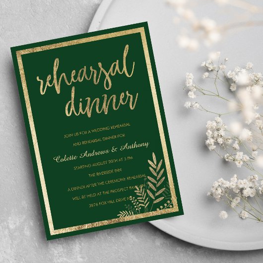 Elegant forest green gold floral repesal Dinner Kaart