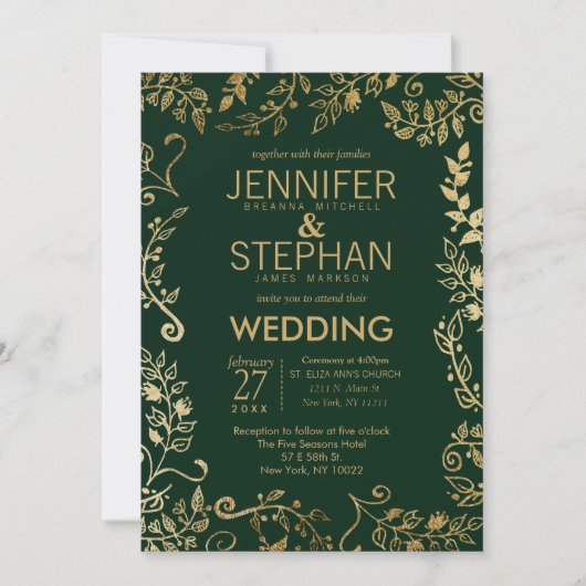Elegant Forest Green Gold Floral Wedding Kaart (Voorkant)