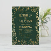 Elegant Forest Green Gold Floral Wedding Kaart (Staand voorkant)